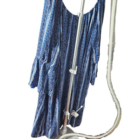 Bohemian Inspired Off-Shoulder Dress With Tassel Accents Size 2X Blue & White Pa - Picture 4 of 4